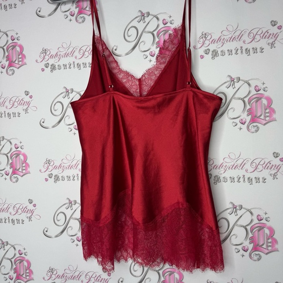 Victoria secret tank top lacie shimmer shiny silky Red Satin Lace Trim Cami Top - Picture 4 of 10